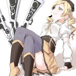  arm_warmers blonde_hair boots crossed_legs darkside drill_hair fingerless_gloves gloves hat legs legs_crossed mahou_shoujo_madoka_magica sitting skirt solo striped striped_legwear thigh-highs thighhighs tomoe_mami vertical-striped_legwear vertical_stripes yellow_eyes zettai_ryouiki 