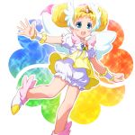  1girl blonde_hair bloomers blue_eyes brooch candy_(smile_precure!) choker double_bun earrings highres jewelry personification precure rainbow_background royal_candy sayousuke shoes short_hair skirt smile smile_precure! solo tiara wrist_cuffs 
