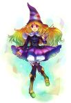  1girl :d belt black_legwear blonde_hair bloomers boots cape dress gradient_hair green_hair grimgrimoire hat kara_(color) lillet_blan long_hair multicolored_hair open_mouth pantyhose purple_eyes smile solo violet_eyes wand wavy_mouth witch_hat wizard_hat 