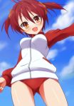  1girl 9law ahoge brown_eyes buruma cloud clouds isshiki_akane looking_at_viewer open_mouth red_hair redhead short_hair sky solo track_jacket twintails vividred_operation 