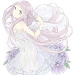  1girl angel_wings aquariumtama bare_shoulders blue_eyes dress flower original pink_hair solo standing white_background wings 