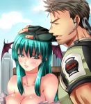  1boy 1girl bare_shoulders bat_wings blush breasts brown_hair capcom chris_redfield cleavage closed_eyes collarbone demon_girl earpiece eyes_closed facial_hair fingerless_gloves gloves green_eyes green_hair hand_on_head head_wings large_breasts long_hair marvel_vs._capcom marvel_vs._capcom_3 morrigan_aensland nagare open_mouth resident_evil stubble succubus vampire_(game) wings 