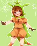  1girl black_eyes brown_hair cape chespin gloves green_background highres hoodie open_mouth personification pokemon pokemon_(game) pokemon_xy short_hair solo tail takeshima_(nia) 