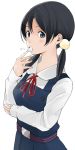  1girl black_hair blue_eyes eating food hair_ornament kitashirakawa_tamako long_hair low_twintails mochi nishiuri_warito school_uniform solo tamako_market twintails wagashi 