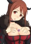  1girl :o breast_grab breasts brown_hair bust choker cleavage collarbone hashi head_tilt horns large_breasts looking_at_viewer maou_(maoyuu) maoyuu_maou_yuusha open_mouth red_eyes short_hair simple_background solo tattoo tattooed_breast white_background 