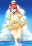  ahoge belt blue_eyes breasts butterfly_hair_ornament choker cleavage cloud clouds drill_hair enki_(artist) enki_(dragonfire) frills hair_ornament highres huge_breasts looking_at_viewer ocean original pink_hair red_hair redhead ribbon sakuraba_himari skirt_hold smile solo splashing standing_on_one_leg water 