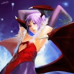  1girl armpits arms_up colored_eyelashes deathwingxiii elbow_gloves gloves head_wings heart lilith_aensland purple_hair short_hair signature slit_pupils solo vampire_(game) wings 