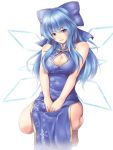  1girl adult alternate_costume alternate_hair_length alternate_hairstyle barefoot blue_eyes blue_hair bow breasts china_dress chinese_clothes cirno cleavage cleavage_cutout hair_bow ice ice_wings large_breasts long_hair looking_at_viewer mochi.f side_slit simple_background smile solo touhou white_background wings 