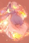  1girl book bow buruxugi crescent dress fire hair_bow hat highres long_hair open_mouth patchouli_knowledge purple_eyes purple_hair solo touhou violet_eyes 