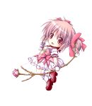  1girl bow bow_(weapon) bubble_skirt chibi gloves hair_bow highres kaname_madoka kuena looking_at_viewer magical_girl mahou_shoujo_madoka_magica pink_eyes pink_hair short_twintails solo twintails weapon 