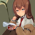  1girl brown_hair eating long_hair makise_kurisu glasses_chuu solo steins;gate 