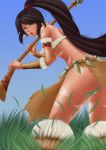  1girl ass brown_hair facial_mark fur grass green_eyes groom222 league_of_legends long_hair nidalee open_mouth panties pantyshot polearm ponytail solo spear tribal underwear weapon white_panties 
