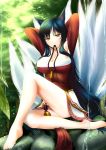  1girl ahri animal_ears barefoot black_hair blue_hair breasts cleavage error fox_ears fox_tail large_breasts league_of_legends legs long_hair makishima_rin mouth_hold multiple_tails solo sunlight tail water yellow_eyes 