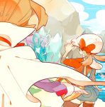  1boy 1girl bow brown_hair cape corsola from_behind gloves hagiko hat hat_bow ice kotone_(pokemon) minaki_(pokemon) overalls pokemon pokemon_(creature) pokemon_(game) pokemon_hgss suicune twintails white_gloves 