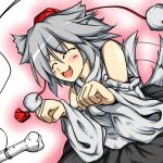  1girl ^_^ animal_ears bare_shoulders blush bone closed_eyes detached_sleeves eyes_closed fang hat inubashiri_momiji lowres open_mouth ototobe short_hair silver_hair skirt smile solo tail tail_wagging tokin_hat touhou wolf_ears wolf_tail 
