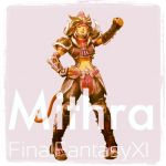 1girl armor beastmaster cat_tail clenched_hand crop_top dark_skin faulds final_fantasy final_fantasy_xi full_body greaves hand_on_hip helmet horned_helmet knee_pads mithra navel navel_cutout pauldrons pigeon-toed pink_hair short_hair smile solo tail vambraces zero_hime 