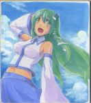  1girl breasts detached_sleeves frog_hair_ornament green_eyes green_hair h@ll hair_ornament kochiya_sanae long_hair midriff navel open_mouth shikishi smile solo taut_shirt touhou traditional_media 