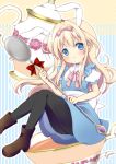  1girl alice_(wonderland) alice_in_wonderland blonde_hair blue_eyes boots cup hair_intakes hair_ribbon long_hair original otoneha pantyhose rabbit ribbon skirt solo spoon teacup teapot 