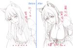 ... 2girls :d animal_ears apple before_and_after breasts cleavage comparison dress fake_animal_ears fang flat_chest food fruit fur_trim hairband holo kemonomimi_mode korisei koshimizu_ami large_breasts lineart maou_(maoyuu) maoyuu_maou_yuusha monochrome multiple_girls open_mouth seiyuu_connection sketch skirt_basket smile spice_and_wolf translation_request wolf_ears