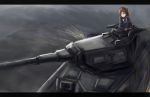  1girl arceonn brown_eyes brown_hair girls_und_panzer headphones headset letterboxed long_hair military military_vehicle nishizumi_miho solo sparks tank vehicle 