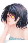  another bare_shoulders black_hair blue_eyes chin_rest eyepatch looking_at_viewer misaki_mei realistic short_hair simple_background solo womu 