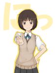  1girl amagami blush brown_eyes brown_hair hand_on_hip looking_at_viewer glasses_chuu short_hair simple_background smile solo tachibana_miya v white_background 