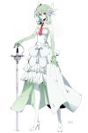  1girl bare_shoulders boots care_shoulders dress flower gardevoir green_hair hair_flower hair_ornament high_heels merlusa necktie personification pokemon red_eyes shoes short_hair simple_background skirt solo sword thigh-highs thigh_boots thighhighs weapon white_background 