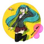  1girl character_name digital_media_player earphones green_eyes green_hair hair_ribbon hatsune_miku ipod long_hair open_mouth ribbon skirt solo ten_(lu2948d) thighhighs twintails very_long_hair vocaloid 