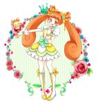  1girl boots brown_eyes brown_hair choker creature cure_rosetta dokidoki!_precure double_bun floral_background flower hair_flower hair_ornament hair_ribbon lance_(dokidoki!_precure) long_hair magical_girl outstretched_hand precure red_rose ribbon rose sikuhima skirt smile twintails wrist_cuffs yotsuba_alice 