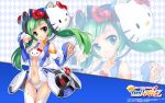  1girl argyle argyle_background blush bodysuit breasts center_opening detached_sleeves green_eyes green_hair headset hello_kitty hello_kitty_to_issho! highres navel paw_pose phonograph smile thigh_gap turntable under_boob underboob wallpaper zeco zoom_layer 