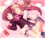  2girls arm_hug blonde_hair box brown_hair cat closed_eyes eyes_closed kamikita_komari kotsu little_busters!! long_hair lying multiple_girls natsume_rin on_side pocky ponytail saliva school_uniform short_hair sleeping twintails 