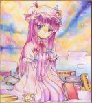  1girl blue_eyes crescent h@ll hat long_hair patchouli_knowledge purple_hair ribbon shikishi solo touhou traditional_media 