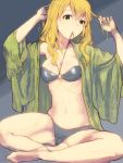  1girl adjusting_hair ahoge barefoot bikini blonde_hair blush breasts ed69 green_eyes hoshii_miki idolmaster looking_at_viewer mouth_hold navel open_clothes open_shirt sitting solo swimsuit 
