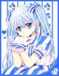  1girl blue_eyes blue_hair chin_rest gloves hair_ribbon hatsune_miku long_hair murasaki_daidai_etsuo ribbon solo striped twintails vocaloid 