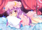  1girl crescent curtains dress hat inose_riku patchouli_knowledge pillow purple_eyes purple_hair signature solo star touhou violet_eyes 