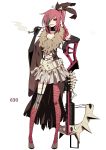  1girl belt bone bow_(weapon) crossbow elbow_gloves feathers garter_straps gloves hair_feathers mandibuzz merlusa personification pipe pokemon pokemon_(game) pokemon_bw ponytail red_eyes red_hair redhead scar simple_background solo weapon white_background 