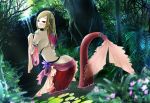  blonde_hair cloth dutch_angle flower forest hair_ornament lily_pad long_hair looking_back mermaid monster_girl multicolored_hair nature original otogi_(s_in_w) partially_submerged red_eyes red_hair redhead shawl snake_hair_ornament solo swamp topless tree two-tone_hair water 