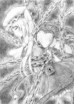  1girl arms_behind_back ascot chain chained chains closed_eyes eyes_closed flandre_scarlet graphite_(medium) lock mob_cap open_mouth profile short_hair short_sleeves side_ponytail skirt solo touhou traditional_media vent_arbre vest wings 
