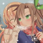  2girls :d blush bow breath brown_hair choujigen_game_neptune closed_eyes cold compa ears eyes_closed green_eyes hair_bow hair_ornament hairband if_(choujigen_game_neptune) long_hair looking_back minagi multiple_girls open_mouth pink_hair scarf smile 