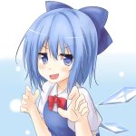  1girl blue_dress blue_eyes blue_hair bow cirno dress hair_bow kudrove open_mouth short_hair smile solo touhou wings 