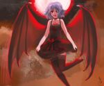  1girl alternate_costume bare_shoulders bat_wings black_dress blood blood_on_face blue_hair bow choker cross curtsey dress flat_chest licking_lips magical_ondine moon no_hat no_headwear no_shoes red_eyes red_moon remilia_scarlet short_hair solo thigh-highs thighhighs touhou vampire wings 