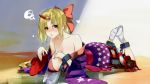  1girl alternate_costume alternate_hairstyle ansi bare_shoulders blonde_hair blush bottle bow breasts chain chains cleavage cuffs hair_bow highres horn hoshiguma_yuugi japanese_clothes kimono legs_up long_hair lying off_shoulder on_stomach open_mouth ponytail sakazuki skirt solo squiggle star tabi touhou white_legwear wide_sleeves yellow_eyes 