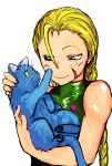  1girl ahoge bare_shoulders blonde_hair blue_eyes braid cammy_white cat ha-chan holding leotard long_hair scar smile street_fighter twin_braids 