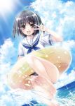  1girl :d ahoge barefoot black_hair blush brown_eyes child cloud clouds dutch_angle from_below horizon innertube leg_lift looking_at_viewer neckerchief ocean open_mouth original outdoors sailor_collar school_uniform serafuku short_hair sky smile soles solo splashing sun swimsuit swimsuit_under_clothes toes v wading water yuki_usagi 