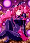  1girl bad_end_happy bad_end_precure bat_wings blush bodysuit breasts clothed_navel dark_persona grin highres kayama_kenji pink_eyes pink_hair precure sitting smile smile_precure! solo tiara twintails wings wink 