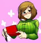  1girl artist_request breasts brown_eyes brown_hair glasses huge_breasts nikki_(swapnote) nintendo_3ds red-framed_glasses ribbed_sweater smile solo stylus swapnote sweater tagme turtleneck 