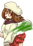  1girl :p beret blush_stickers braid brown_eyes brown_hair glasses hat long_hair personification plaid plaid_skirt pokemon pokemon_(game) red-framed_glasses round_glasses scarf seki_(red_shine) single_braid skirt smeargle solo sweater tongue 
