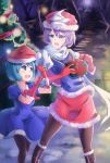  2girls absurdres adapted_costume black_legwear blue_eyes blue_hair blush boots bow box breasts christmas christmas_tree cirno dress elbow_gloves gift gift_box gloves hair_bow hat highres lavender_hair letty_whiterock multiple_girls open_mouth pantyhose purple_hair santa_costume santa_hat scarf short_hair skirt smile touhou 
