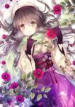  1girl black_hair floral_print flower gloves hat japanese_clothes kimono long_hair long_sleeves looking_at_viewer nozomi_fuuten obi on_back original petals sash scarf solo wide_sleeves yellow_eyes 