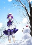  1girl hat kyon_(fuuran) letty_whiterock purple_eyes purple_hair scarf short_hair snow snowing snowman solo touhou tree violet_eyes 